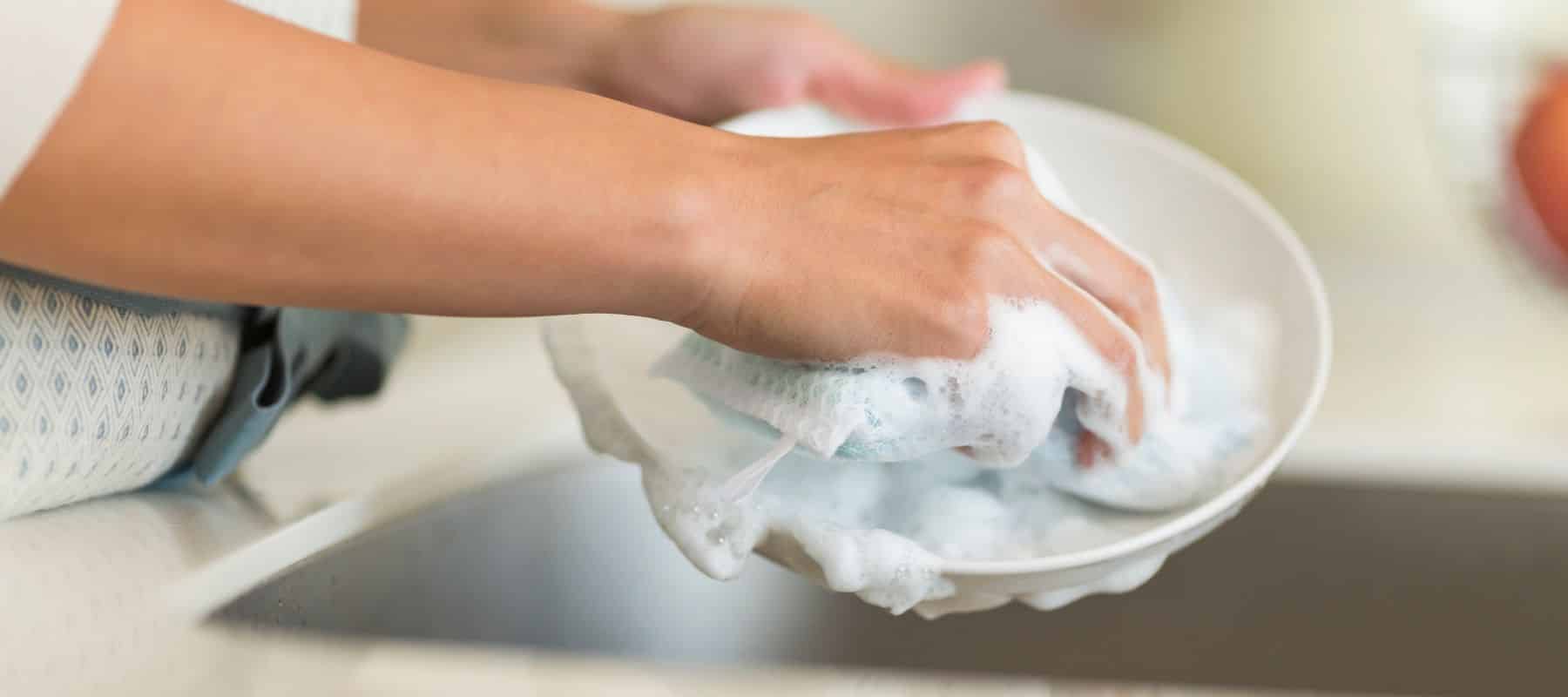 Cleaning a dish with soap and water