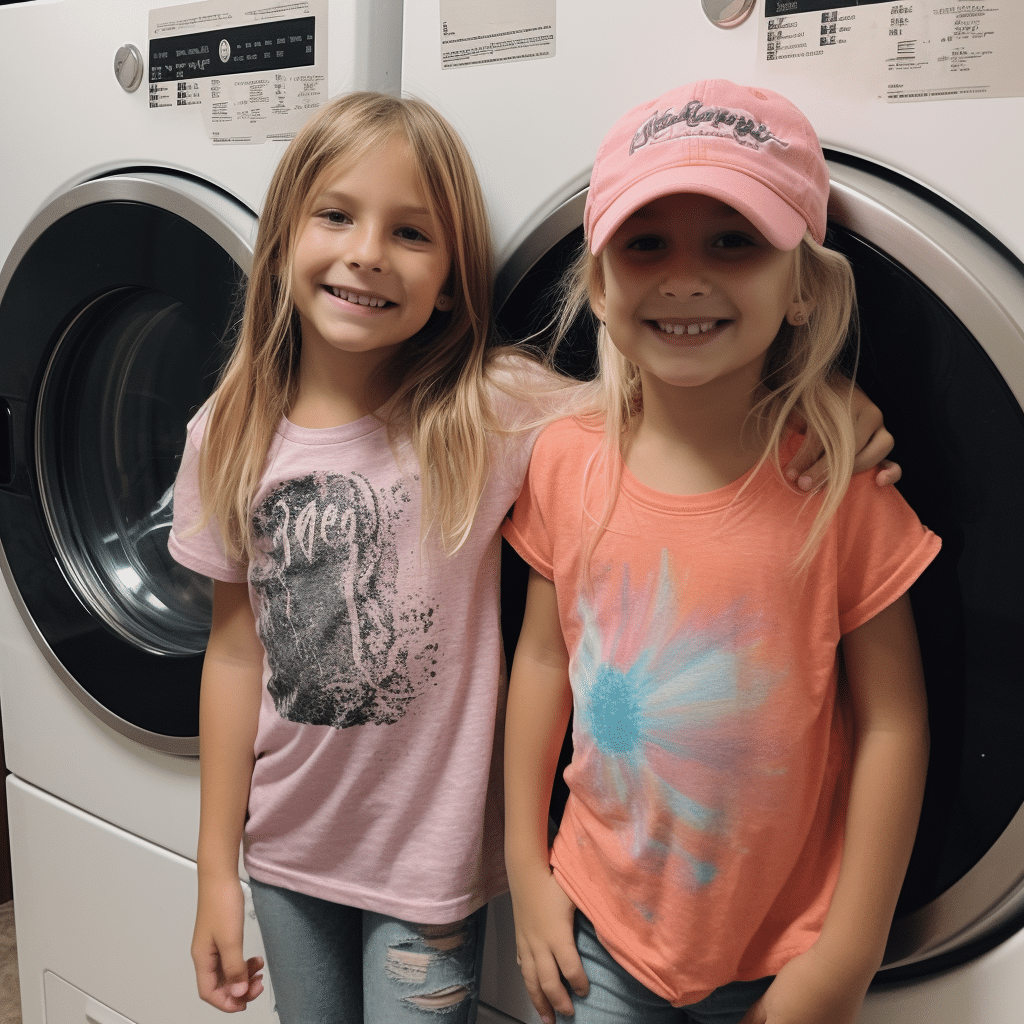 Midland, TX girls with faded shirts in front of a washing machine